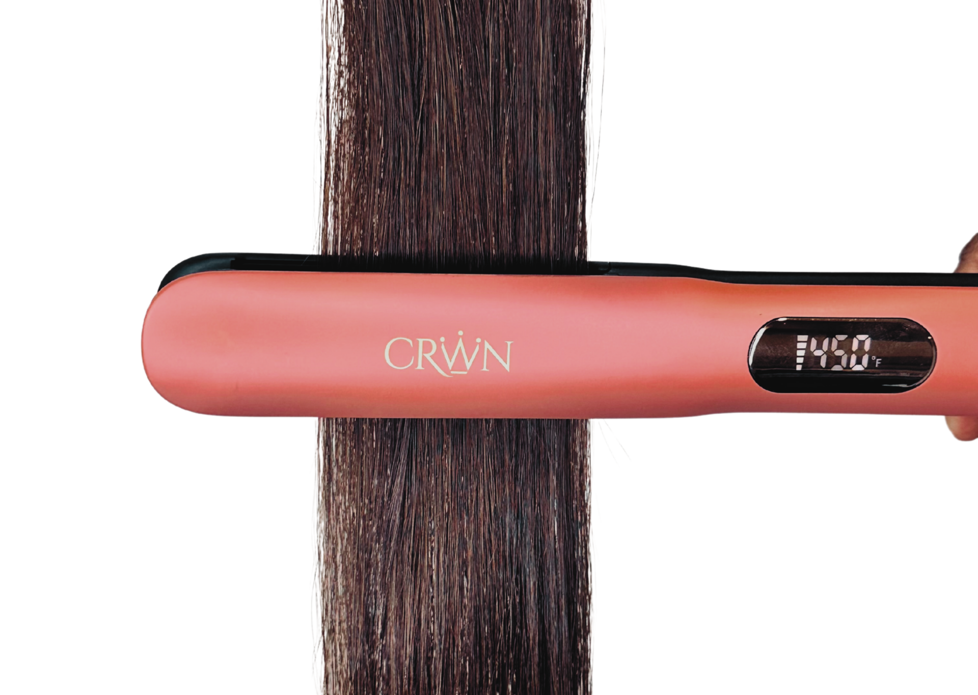 Digital heat setting graphic illustrating the adjustable temperature controls of the CRWN Joule flat iron for safe hair styling.