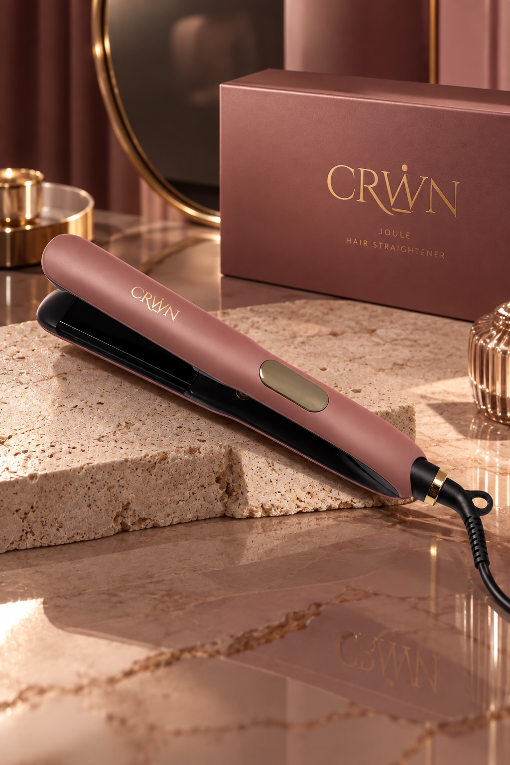 The CRWN Joule flat iron with its gift box